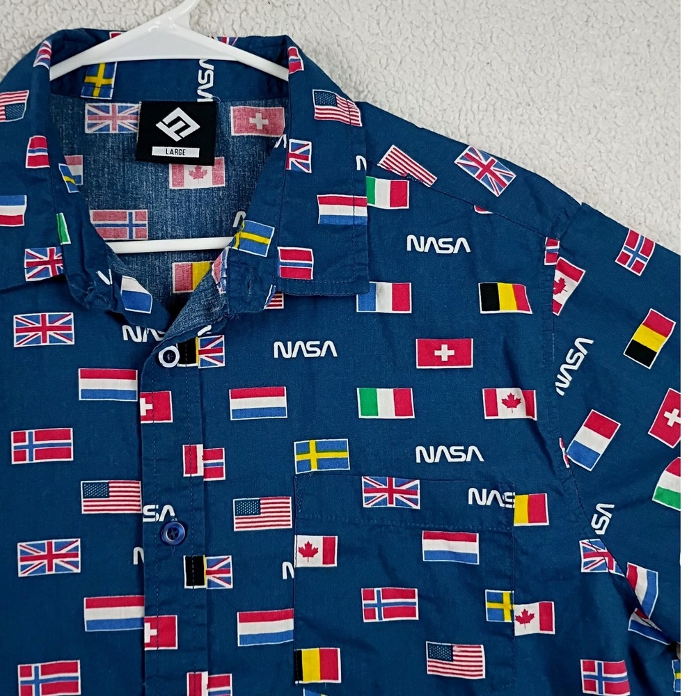 H3 Sportgear NASA Button Down Shirt Mens L Blue‎ International Flags NASA Logo